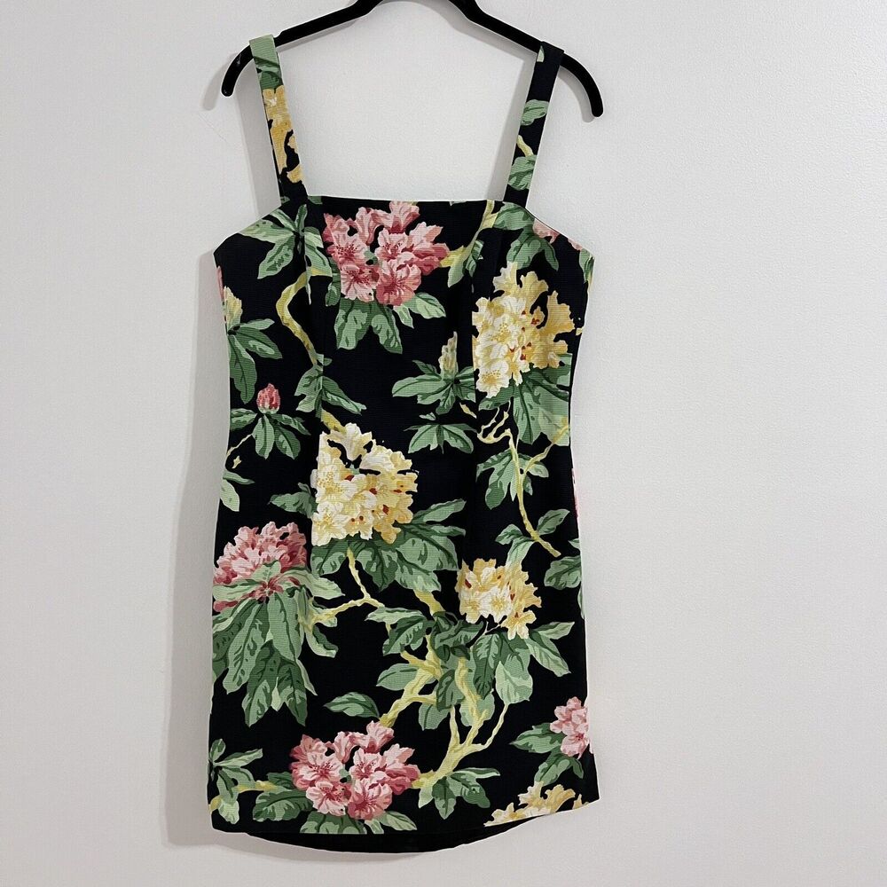 Deborah Laws Vintage Black Floral Mini Dress Size 10 Yellow Flowers Sleeveless